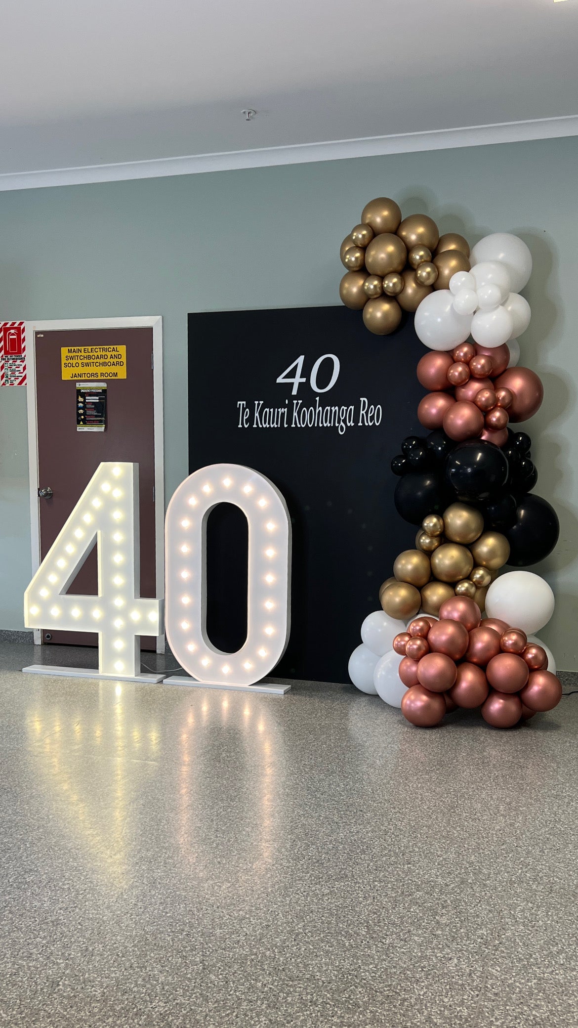 Birthday backdrop with balloon garland marquee number lights with custom signage package service for hire